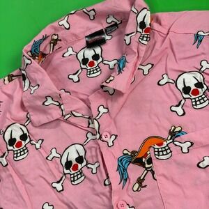 Netflix‎ One Piece Hawaiian Shirt Mens 2XL Pink Buggy the Clown Skull AOP Rayon